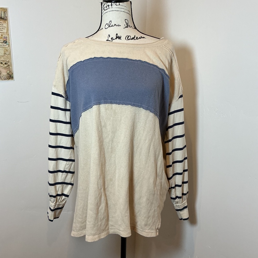 We The Free Free People Striped Mixed Media Top Blue Cream Small Boho Relaxed